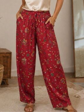 Silk Pants Medium Red Floral Liz Claiborne